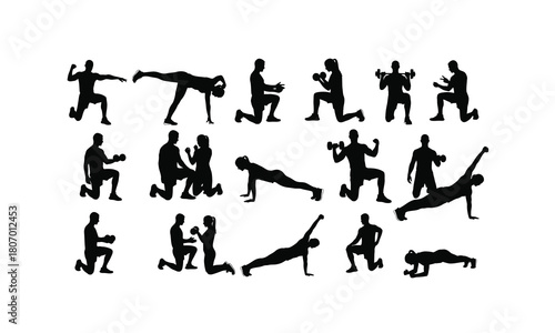 Diverse collection of fitness trainer and client poses showcasing various exercises and interactions isolated on white background silhouette