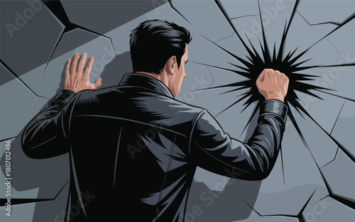 Man Punching Through a Cracked Wall Illustrating Anger and Frustration