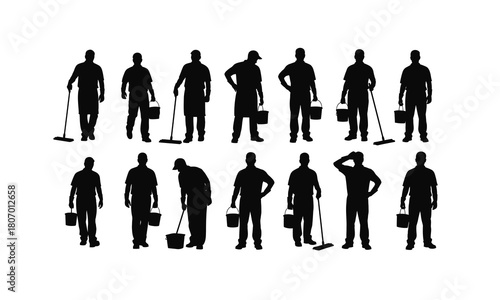 A collection of janitor characters in various poses each holding a bucket presented as a silhouette isolated on white background