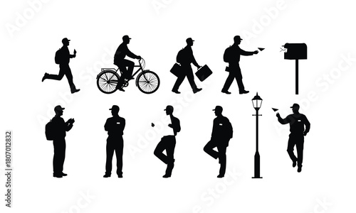 A diverse collection of postman characters in various poses delivering letters presented as a silhouette isolated on white background