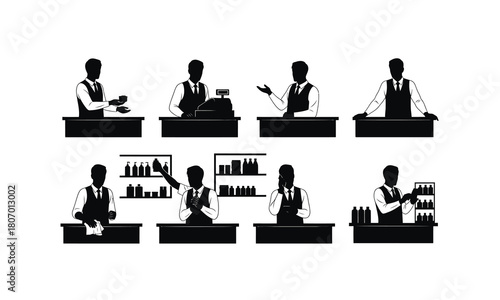Diverse collection of shopkeeper poses at a counter presented as a silhouette isolated on white background