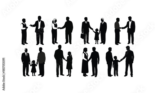 A diverse collection of social worker helping people in various poses and actions presented as a silhouette isolated on white background