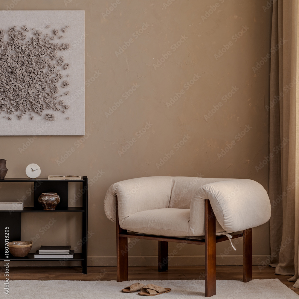 Naklejka premium Soft geometry and tactile materials bring warmth to this modern setting.