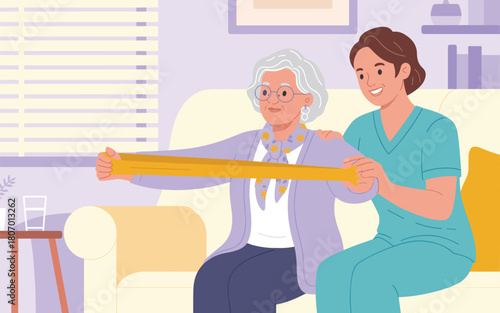 Senior woman exercising with physical therapist using resistance band
