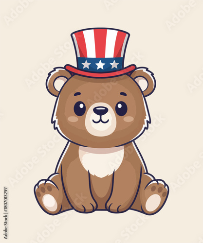 Cartoon bear wearing patriotic hat with stars and stripes for national holidays and celebrations illustration