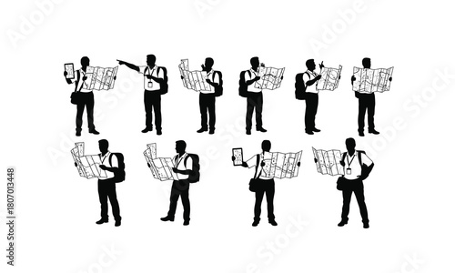 Diverse silhouette tour guide characters holding maps and engaging in various travel related activities isolated on white background