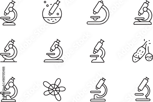 Variant types of microscope machine of science and research line art icon set. Flat black color editable line vector illustration