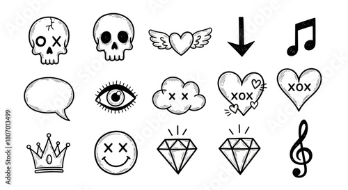 Set of quirky hand-drawn doodle vector icons featuring skulls, hearts, music notes, diamonds, and crowns, perfect for various creative graphic design projects and digital art