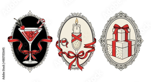 Elegant Vintage Holiday Emblems Ornate Icons of Festive Cocktails, Sparkling Champagne, and Thoughtful Gift Boxes, All Adorned with Classic Red Ribbons