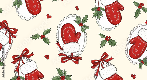 Charming seamless pattern featuring hand-drawn festive red mittens with cozy fur cuffs and vibrant holly sprigs, perfect for winter holiday designs and cozy seasonal projects