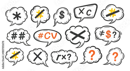 Hand-drawn speech bubbles with communication symbols, question marks, and error indicators, depicting modern digital dialogue, abstract concepts, and diverse thought processes