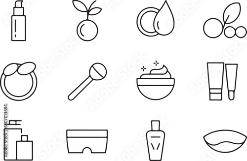 Vegan cosmetics of skincare elements line art icon set. Flat black color editable line vector illustration
