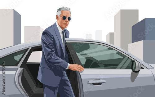Man in Suit Exits Luxury Car in Urban Setting, Business Lifestyle