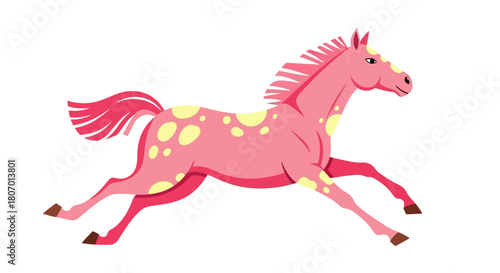 Whimsical pink horse illustration galloping with vibrant yellow spots, depicting joyful movement and fantasy, perfect for children's designs and playful themes