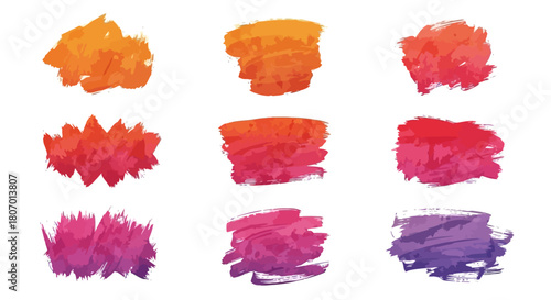 Watercolor brush strokes in a gradient of warm orange, red, and cool purple. Textured swatches for creative design, artistic backgrounds, and graphic elements