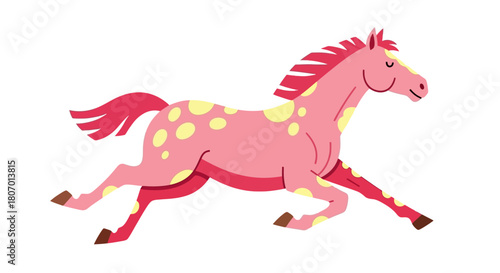 Dynamic pink spotted horse illustration galloping with cheerful energy, a whimsical cartoon capturing playful movement and vibrant charm, ideal for creative and children's designs