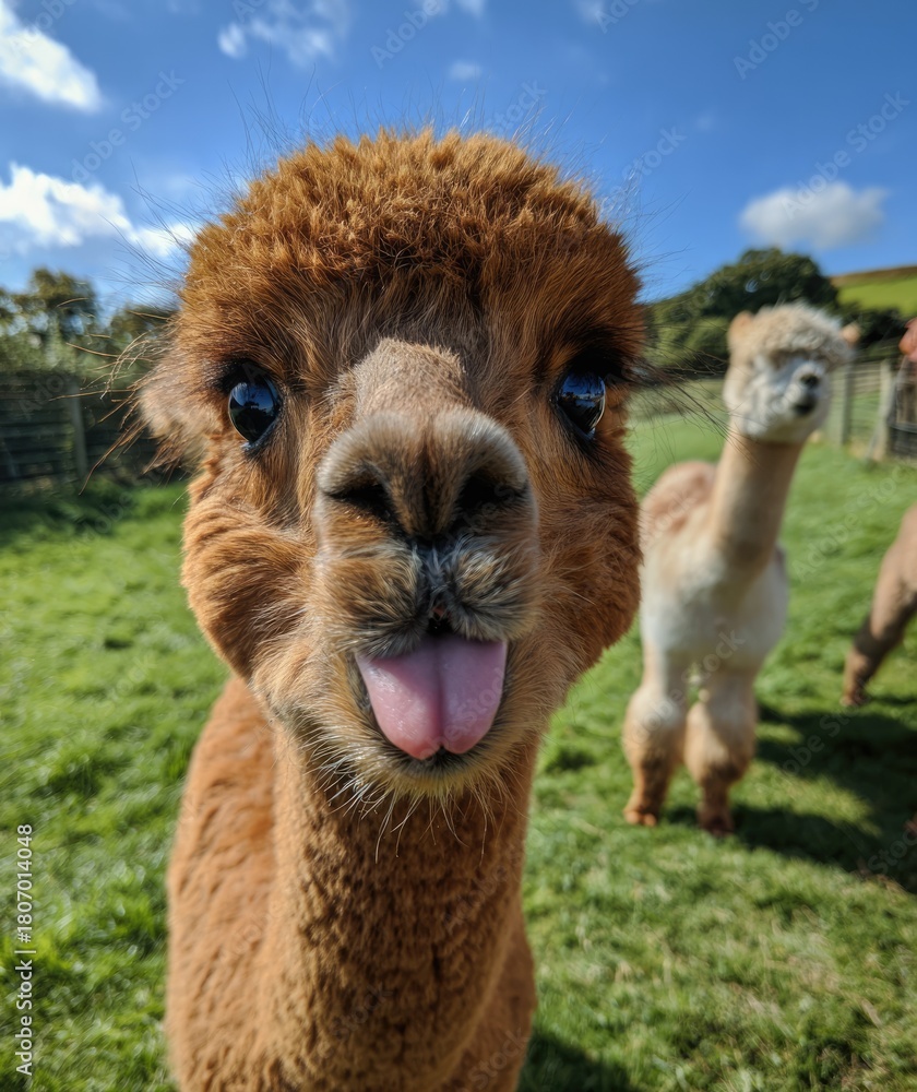 Obraz premium Close-up of an alpaca with a silly expression, tongue out