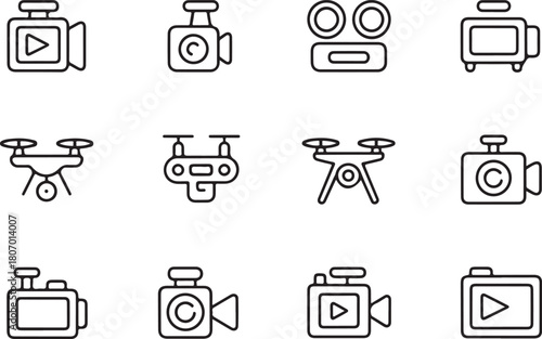 Video camera drone of media production line art icon set. Flat black color editable line vector illustration