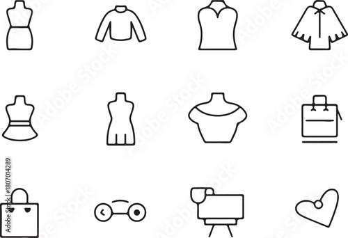 Virtual fitting of fashion and shopping line art icon set. Flat black color editable line vector illustration