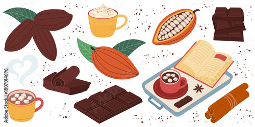 Cocoa and Chocolate Clipart Set with Hot Drinks and Spices