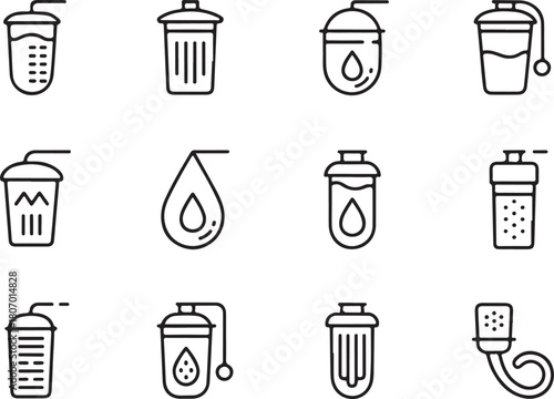 Water filter, purified water of pure clean and sanitation water line art icon set. Flat black color editable line vector illustration