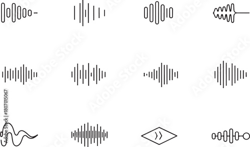 Waveform editor of audio and music line art icon set. Flat black color editable line vector illustration