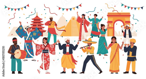 A Vibrant Illustration Celebrates Global Cultures and Traditions Through Festive Dress and Landmarks