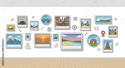 A wall adorned with vibrant travel themed drawings enhancing interior space and invoking