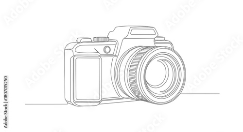 Abstract digital camera line art with professional lens illustration design