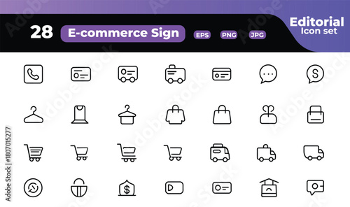 Ecommerce Editorial Icon Set of Essential Online Shopping Elements for Web and Mobile Design Projects and Interface Illustrations Presenting Shopping Cart and Delivery Services