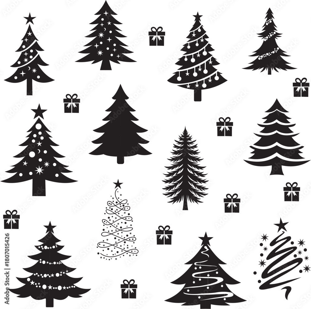 Obraz premium Design vector illustration collection of Christmas tree images, lots of unique shapes of Christmas trees, or pine trees are very suitable to be used as a symbol for Christmas events.