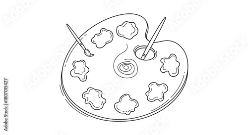 Artistic palette with brushes in a simple black and white line drawing style illustration