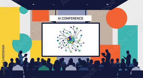 Artificial intelligence conference illustration with attendees watching presentation