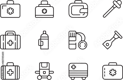 Accident emergency kit, first aid box, treatment services line art icon set. Flat black color editable line vector illustration