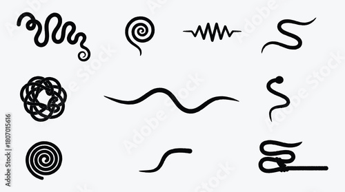 Collection of abstract curvy and spiral shapes on a white background