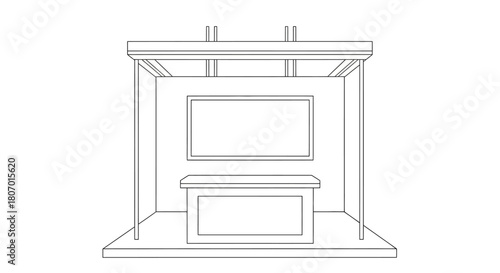 Blueprint of a minimalistic exhibition stand with a presentation screen and counter booth,
