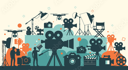 Captivating silhouette illustration showcasing a diverse array of filmmaking equipment and set