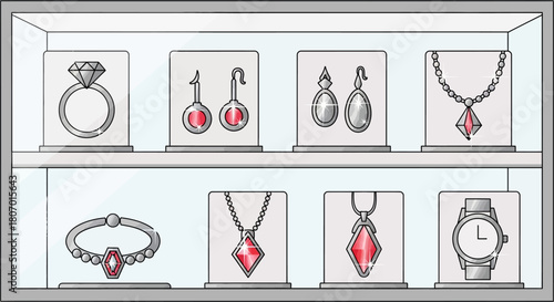Charming illustration of jewelry display cabinet with rings necklaces earrings and a watch