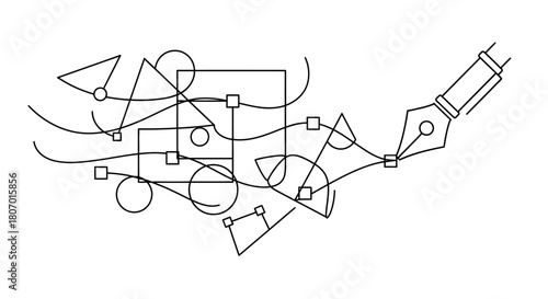 Creative expression depicted with linear shapes and a fountain pen creating abstract design