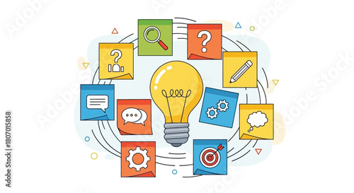 Creative process illustration showcases brainstorming around a bright lightbulb idea