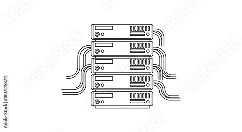 Data center outline stack concept illustrating server infrastructure and network connectivity