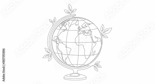 Delicate earth globe outline illustration encircled by subtle botanical details