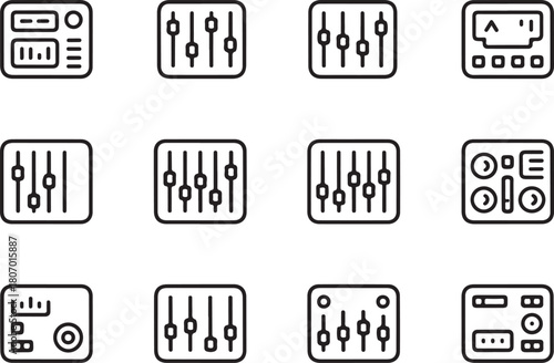 Audio music mixer volume system line art icon set. Flat black color editable line vector illustration