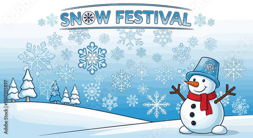Delightful snowy scene with a cheerful snowman and snowflakes for winter festivities