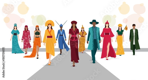 Diverse fashion show showcasing global cultural influences through unique clothing designs