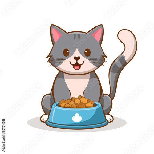 Cute black cartoon kitten sitting with a cup of coffee, and a vector illustration of a domestic feline playing with fish