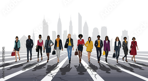 Diverse individuals walking on the street in the cityscape background creates a modern stylish vibe