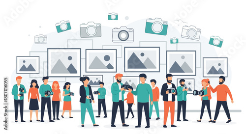 Diverse gathering of photographers showcasing portfolio with digital cameras illustration