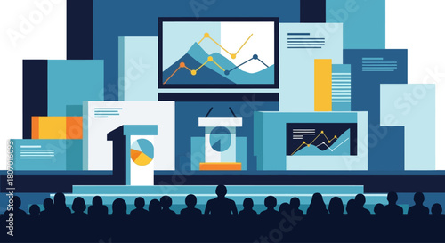 Dynamic business conference stage presentation with visual data and audience silhouette illustration
