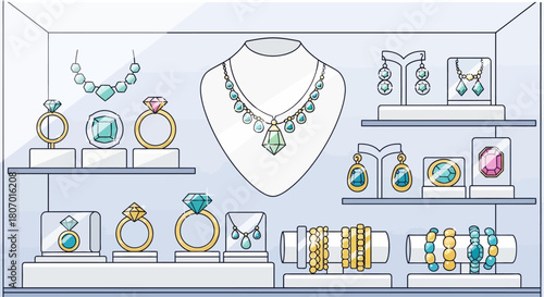 Elegant jewelry display featuring necklaces earrings rings and bracelets exhibited behind glass